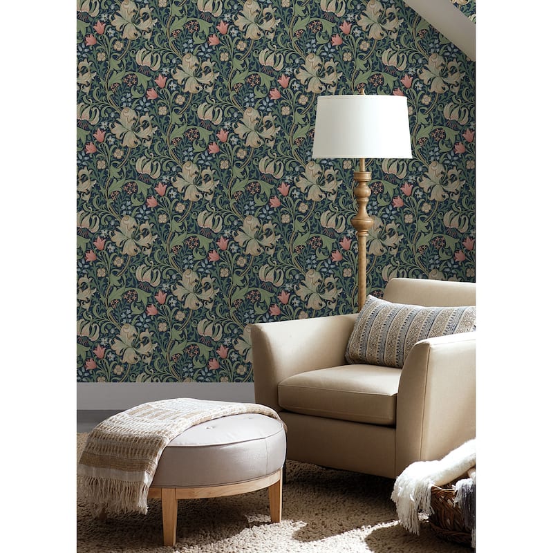 Golden Lily Indigo and Rose Peel and Stick Wallpaper