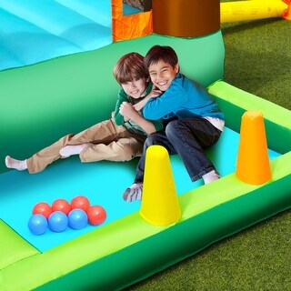 Inflatable Waterslide Bounce House Climbing Wall Ball Pit with Blower - Green, Yellow and Blue - 145" x 120" x 91" (L x W x H)