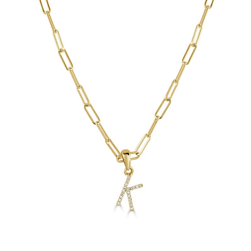 Joelle Collection Diamond Initial Letter Necklace Paperclip 14K Gold 16-inch Chain 1/10 TDW Necklace - K - Yellow