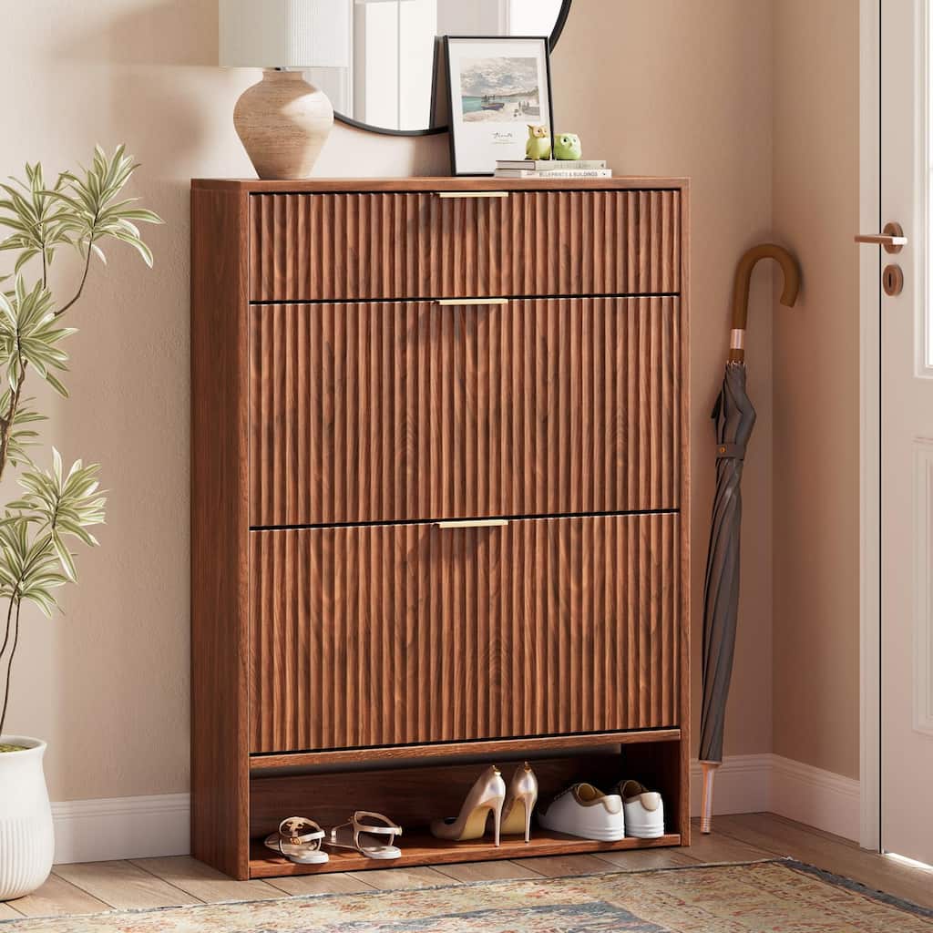 31.5''W Shoe Cabinet Storage with Drawer for Entryway, Fluted Slim Shoe Dresser