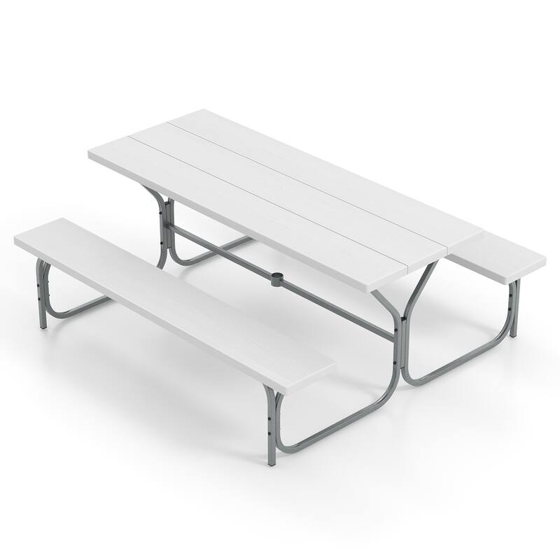 72 Inch 8-Person Outdoor Picnic Table and Bench Set with HDPE Wood-Texture Top and with Built-in Umbrella Hole