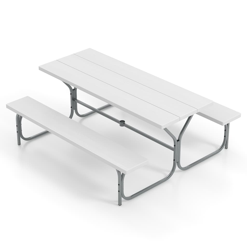 72 Inch 8-Person Outdoor Picnic Table and Bench Set with HDPE Wood-Texture Top and with Built-in Umbrella Hole