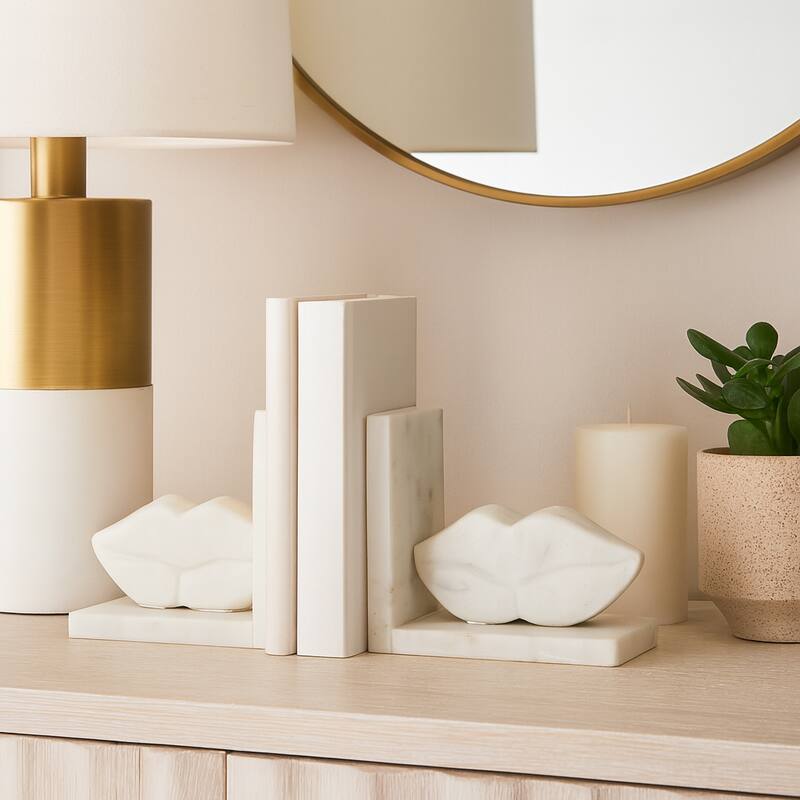 Modern Marble Lips on Base Decorative Bookends - Set of 2, 6", White - 6.0" - White - 6.0"
