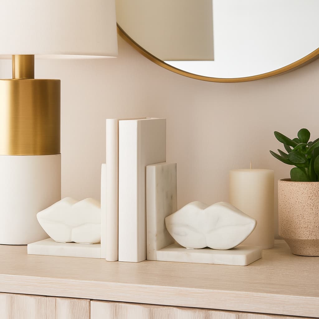 Modern Marble Lips on Base Decorative Bookends - Set of 2, 6", White - 6.0"