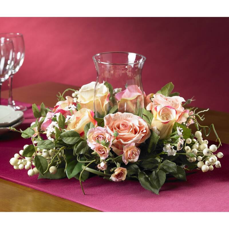 16" Pink Rose Silk Artificial Flower Arrangement Candelabrum