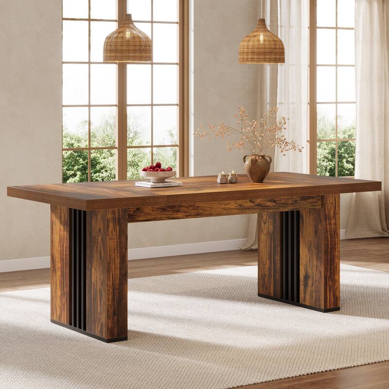 70.86'' Industrial Rectangular Dining Table with and Dual Tone Pedestal - Brown+Black