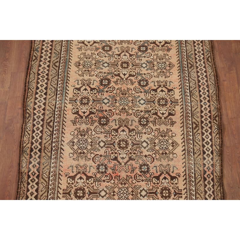 Hamedan Persian Vintage Runner Rug Hand-Knotted Peach Wool Carpet - 3'8" x 9'9"