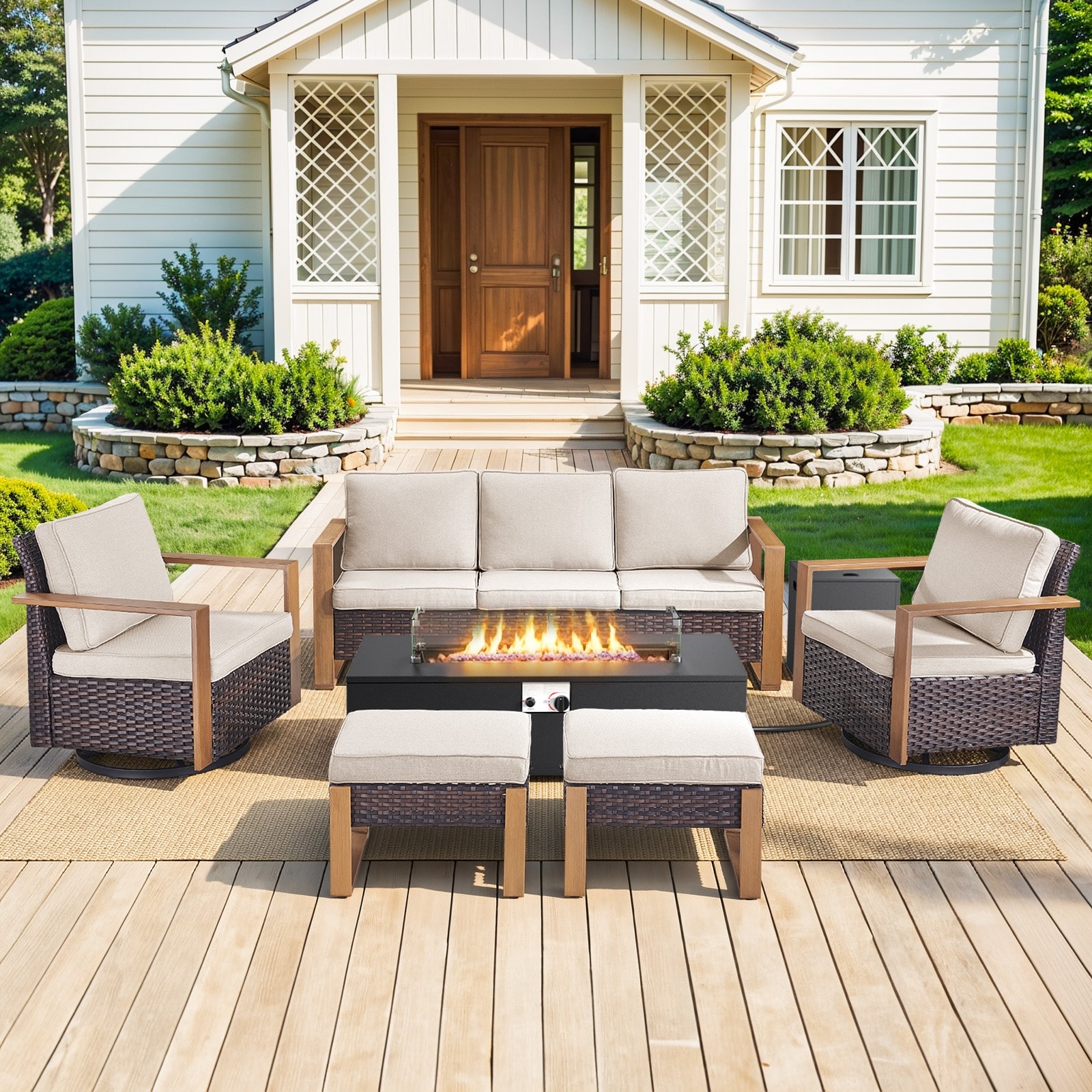 Pocassy Outdoor Sofa Swivel Chair Ottoman w/ 43" Fire Pit Set