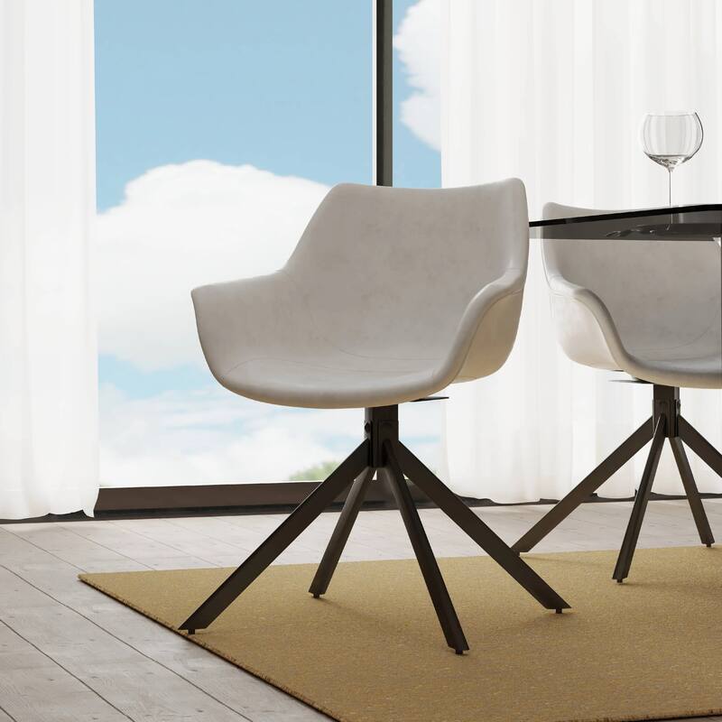 Markley Leather Swivel Dining Armchair with Black Iron Base - Accent Dining Chair for Kitchen and Dining Room Set of 4