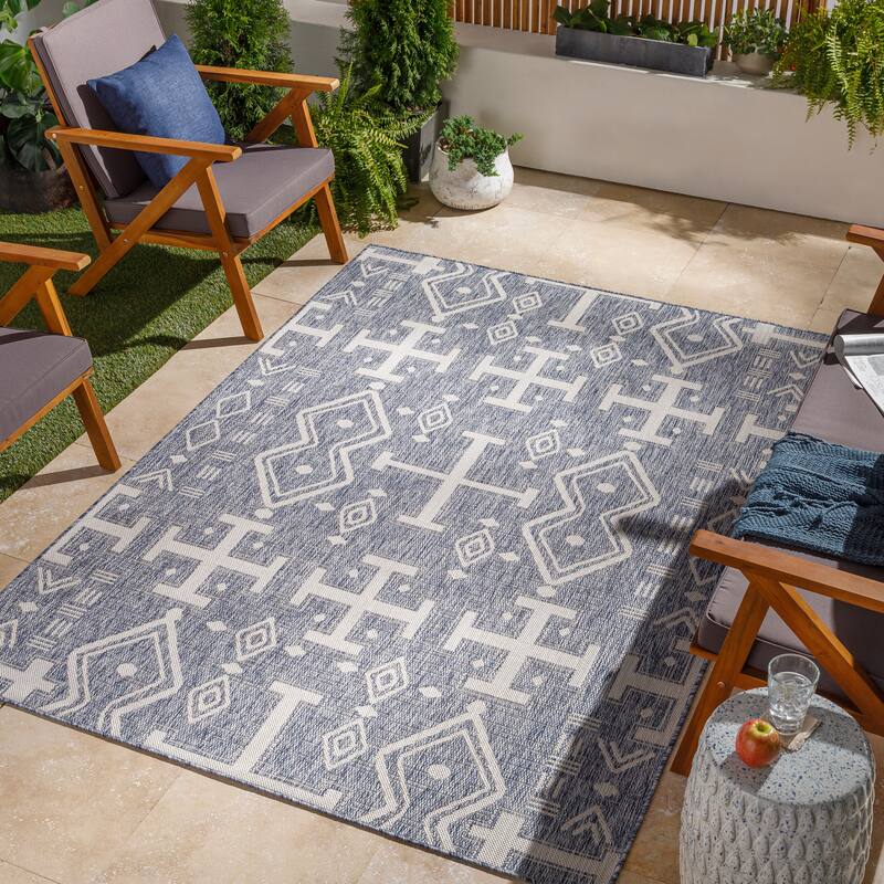 Livabliss Aicu Boho Diamond Indoor/ Outdoor Area Rug - 5'3" x 7' - Blue/Cream