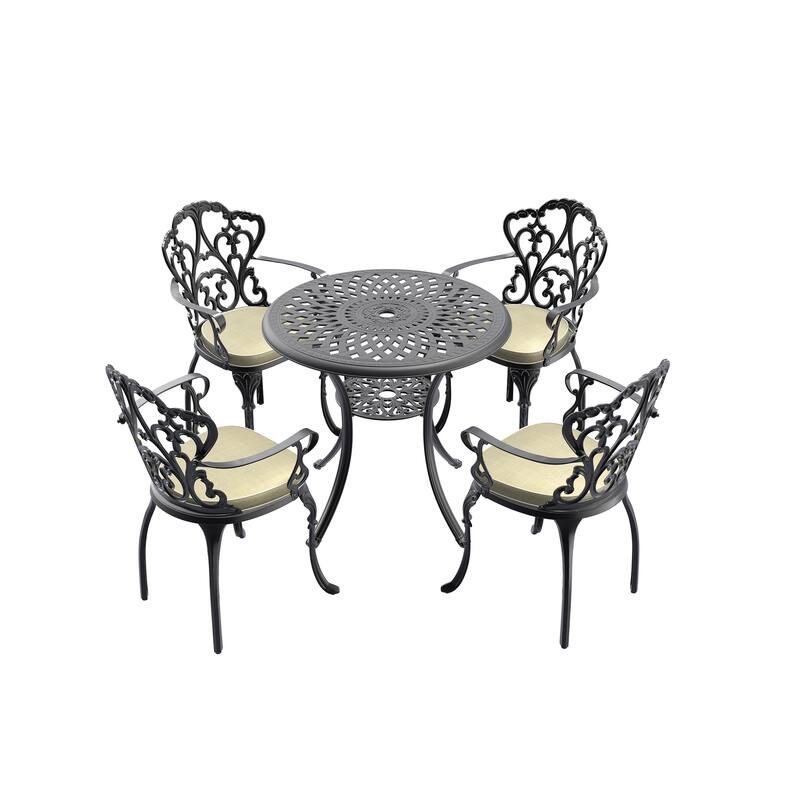 3/5-Piece Cast Aluminum Outdoor Dining Set with 30.71 in. Round Table and Random Color Cushions