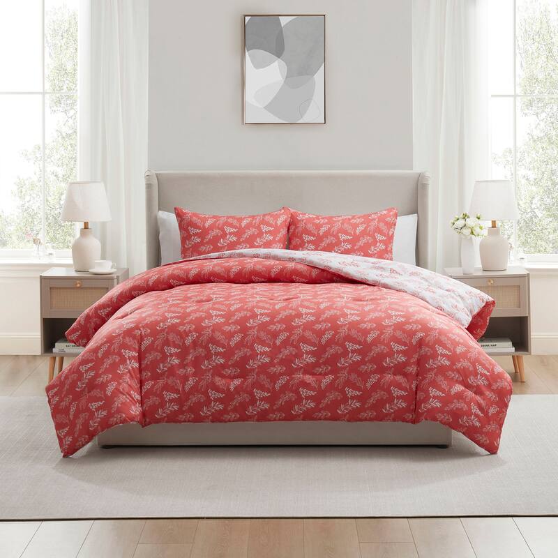 Empyrean 3PC Reversible Botanical Printed Comforter Bedding Set - Flamingo Pink - King