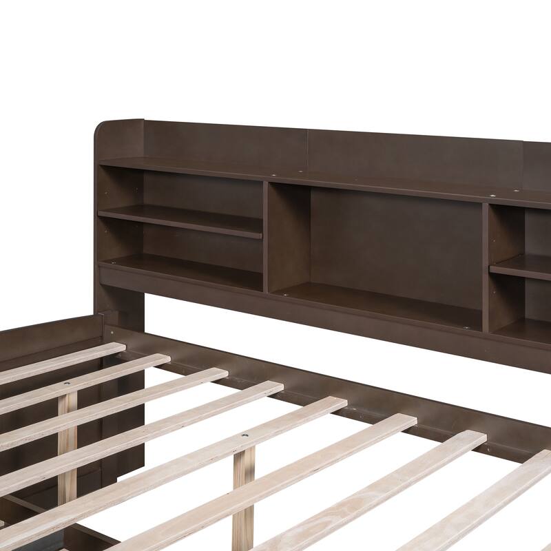 Wooden Captain Bed Platform Bed Frame with Rectangular Storage Headboard Built-in Bookshelves, 3 Storage Drawers and Trundle