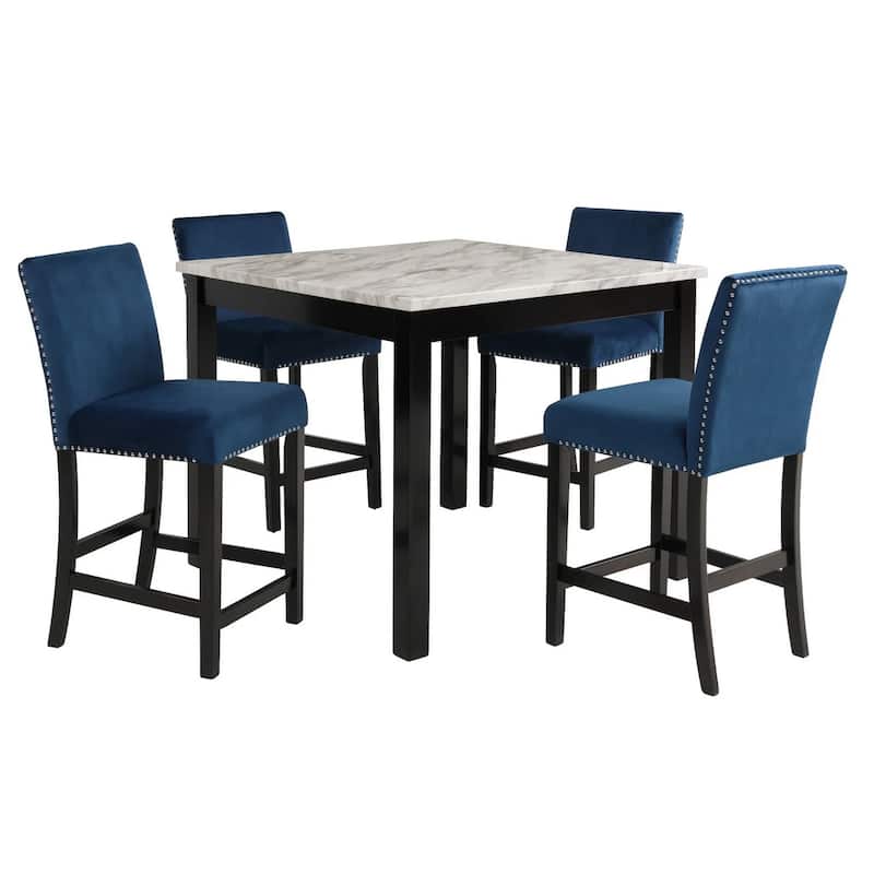 Jordan 5 Piece Counter Height Table Set, 4 Chairs, Wood, Royal Blue Velvet