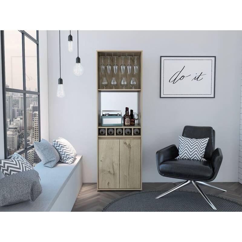Redding Bar Cabinet, One Cabinet, Interior Shelves, Five Bottle Cubbies, Two Shelves, Light Oak - Beige