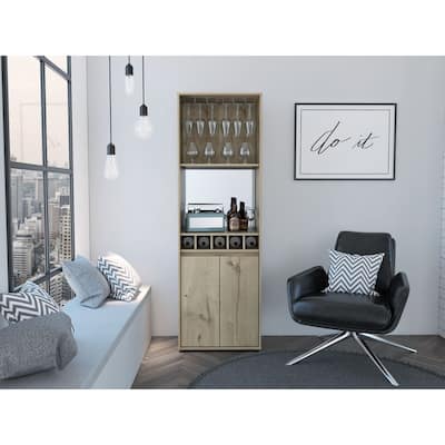 Redding Bar Cabinet, One Cabinet, Interior Shelves, Five Bottle Cubbies, Two Shelves, Light Oak