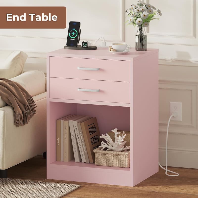 Nightstand 2 Drawers End Table Charging Station Nightstand Set of 2