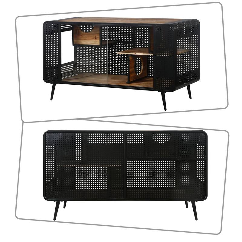 Modern Style Enclosed Cat Pet Cabinet with Shelves and Metal Frame with Glass Cabinet Doors