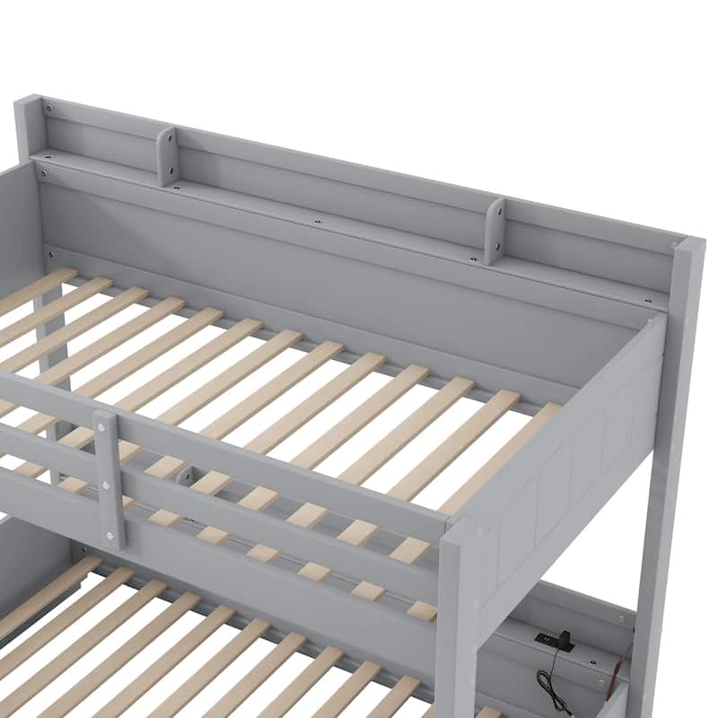 Twin over Full Bunk Bed with Shelves, LED and Charging Station, Storage Kids Bed Frame with Drawer and Ladder