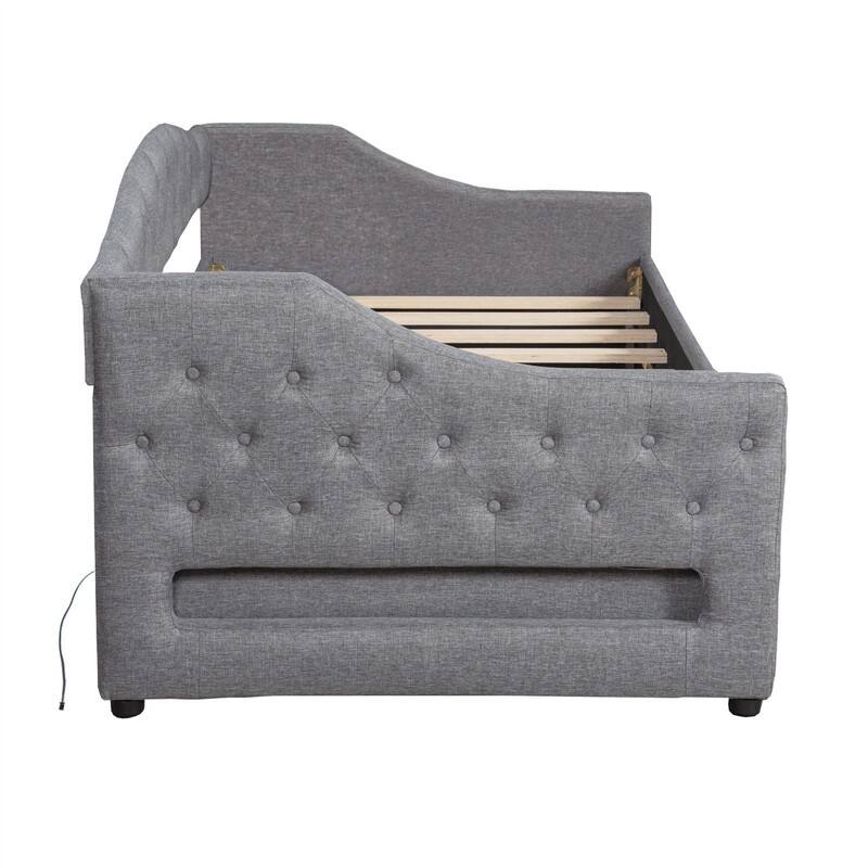 Twin XL Size Daybed with LED Belt and 2 Storage Drawers, Upholstered Daybed Frame Sofa Bed with Slats Support for Bedroom