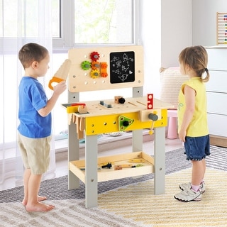 Wooden Pretend Play Workbench Set with Blackboard for Toddlers Ages 3 Plus - 21" x 12" x 29.5"-32" (L x W x H)