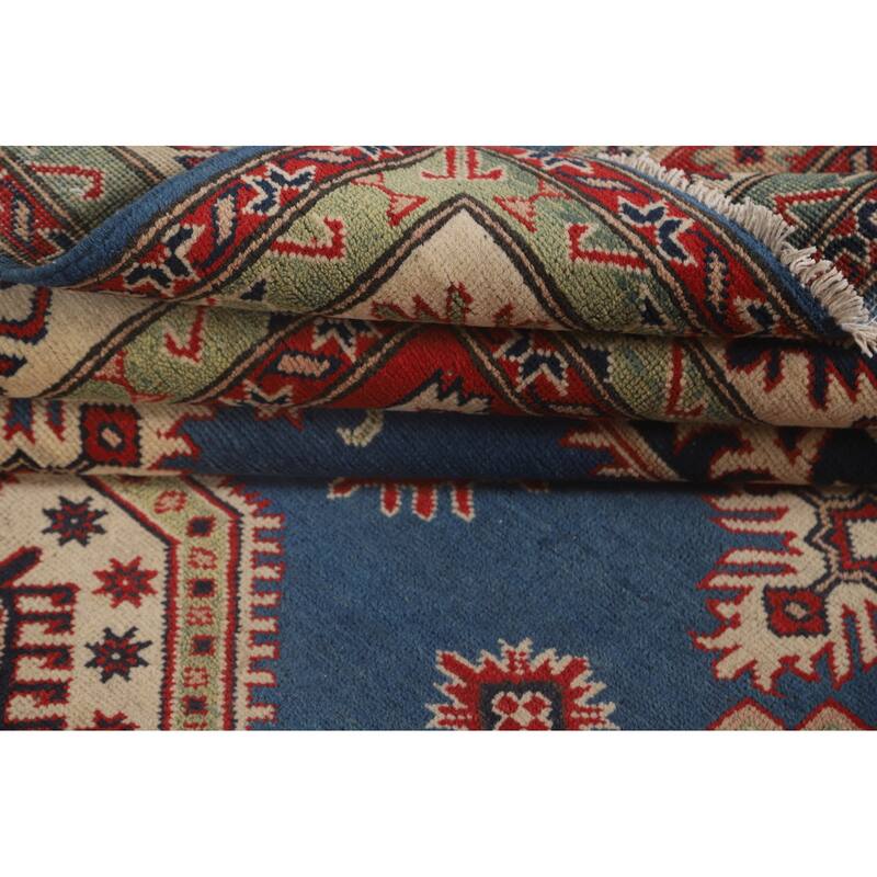 Blue Geometric Kazak Oriental Rug Handmade Traditional Wool Carpet - 6'8" x 10'1"