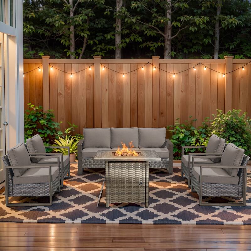 Pocassy 4/6/8PCS Sofa Swivel Chair with Fire Pit Table Set - Grey Wicker Gray Cushion - 6-Piece Sofa Patio Chair with Fire Table