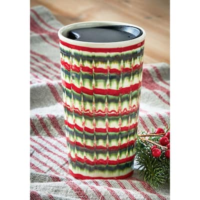 Festive Red & Green Stoneware Hot and Cold Beverage Insulated Travel Mug for Tea or Hot Coco, 16 Oz