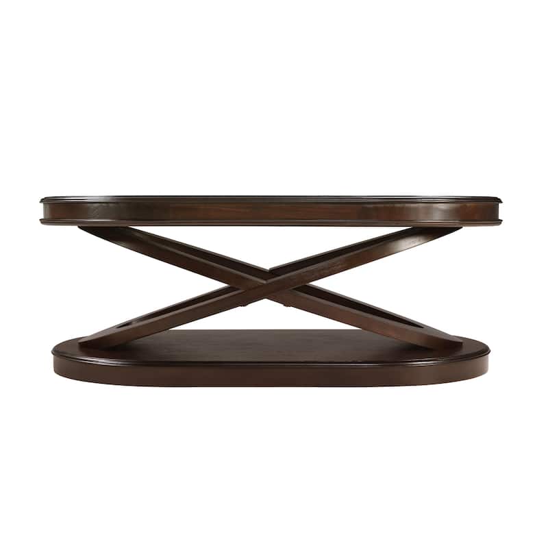44 Inch Wood Oval Coffee Table with X-Shaped Base, Cocktail Table with Open Storage, Sofa Center Table for Living Room