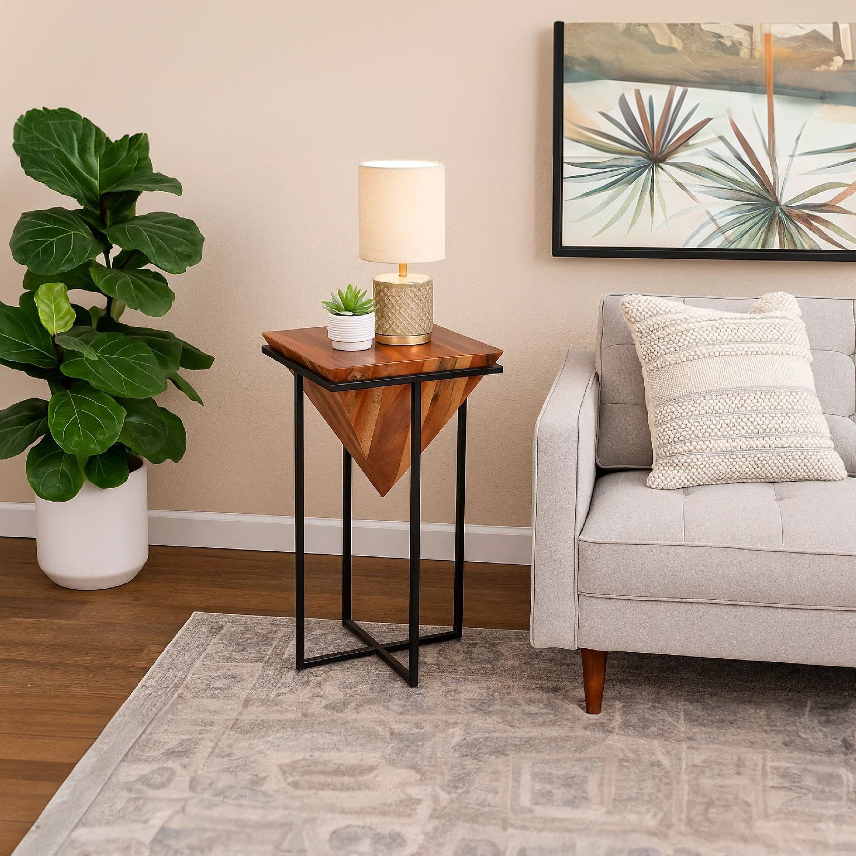 Brown and Black Wood Side Table With Metal Base