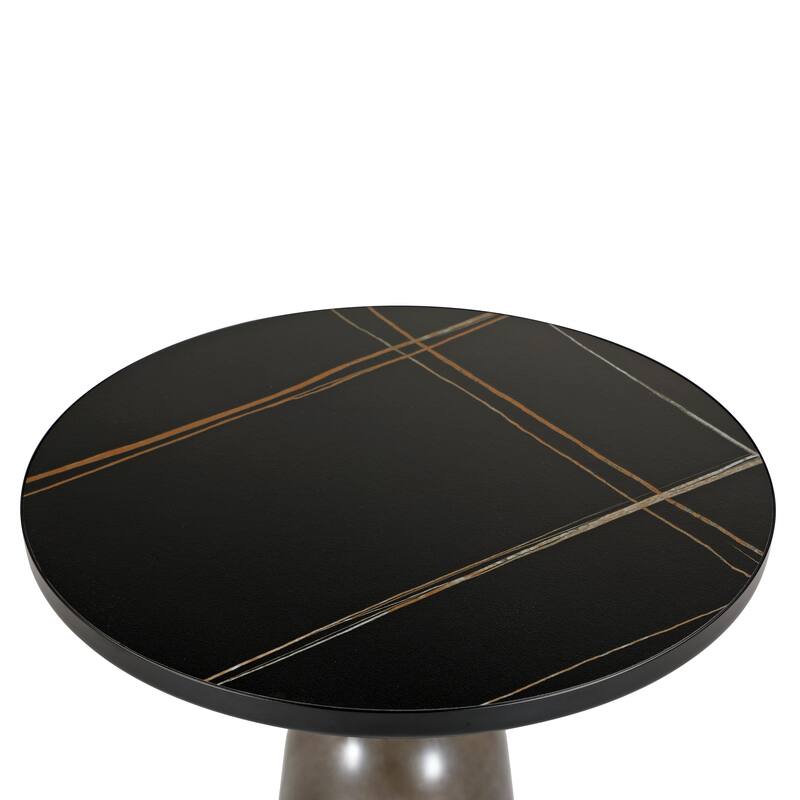 19-Inch Side Table Round Glass/Stone Tabletop End Table with Black Iron Rim and Glass Base