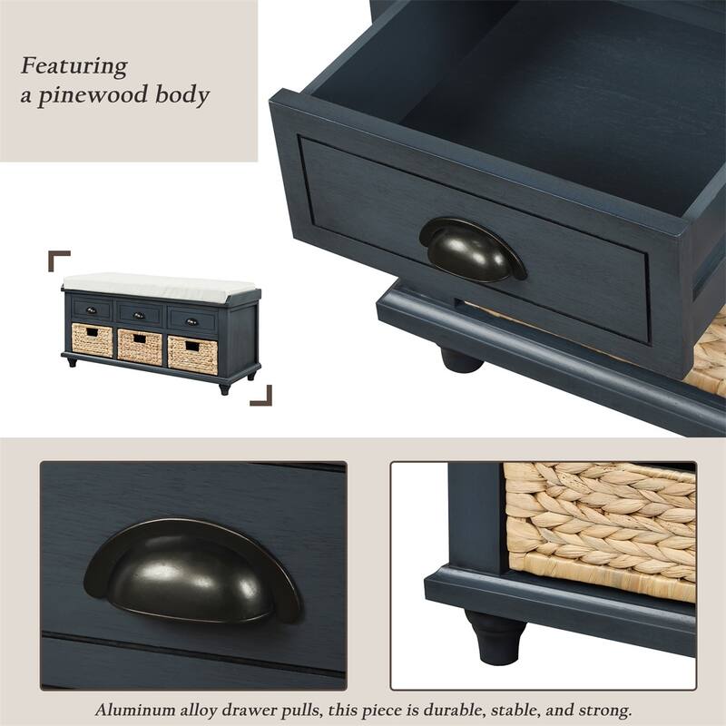 Harper & Bright Designs 3-Drawer Storage Bench with 3 Rattan Baskets