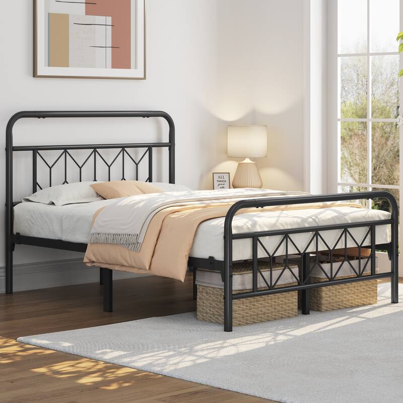 Yaheetech Metal Bed Frame with Diamond Pattern Headboard - Black - Full