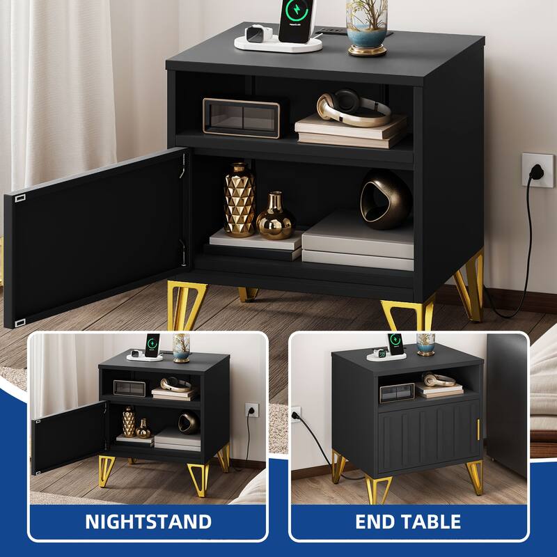 Moasis Set of 2 Steel Side Table with Doors and Shelfs,Nightstand with Charging Station