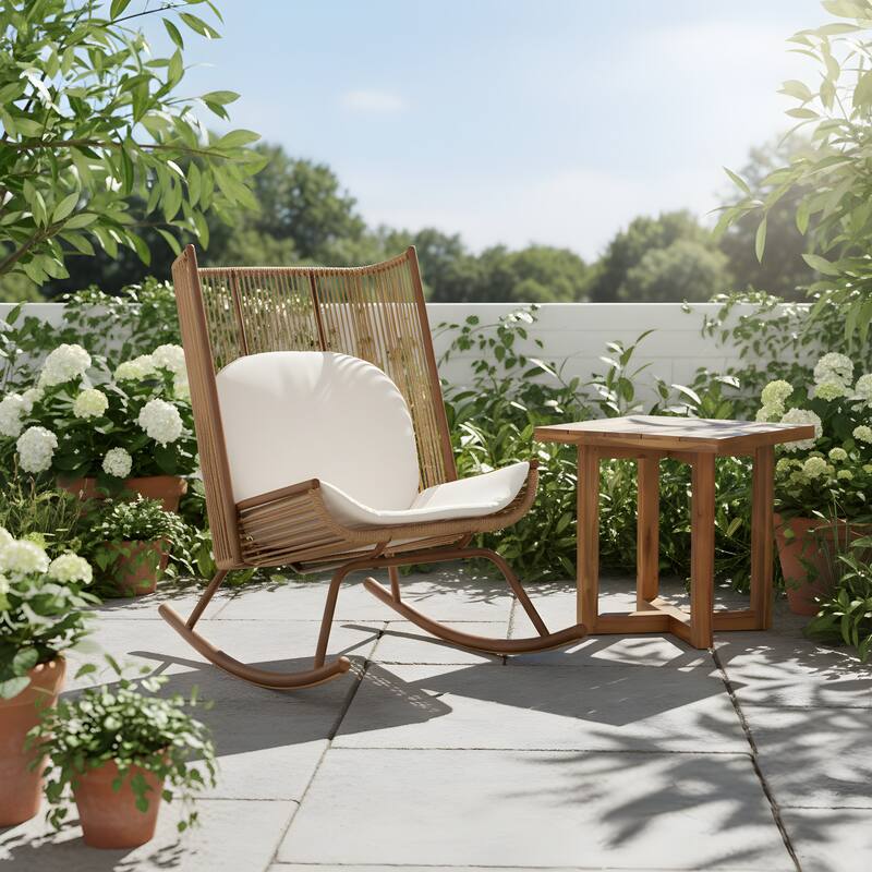 Christopher Knight Home - Modern Outdoor Metal Frame Woven High Arc Backrest Rocking Chair and Solid Acacia Wood Side Table Set