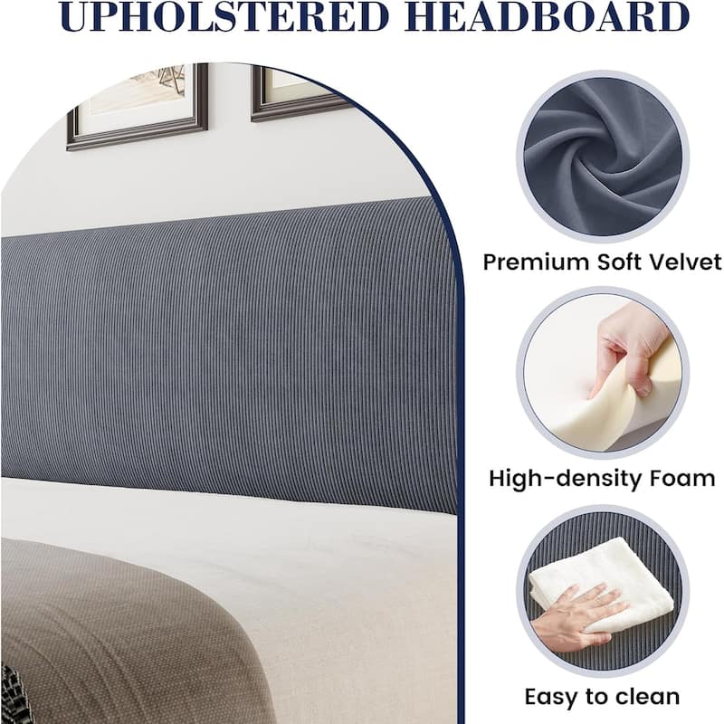 Velvet Upholstered Platform Bed with Wingback Headboard, Wood Slats Support, No Box Spring, Easy Assembly