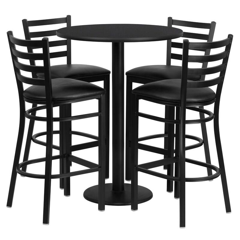 30'' Round Laminate Table Set with Round Base and 4 Ladder Back Metal Barstools - black top/black vinyl seat