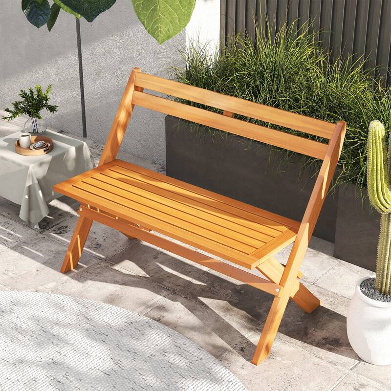 Gymax Foldable Outdoor Bench 2-Person Acacia Wood Patio Garden Bench