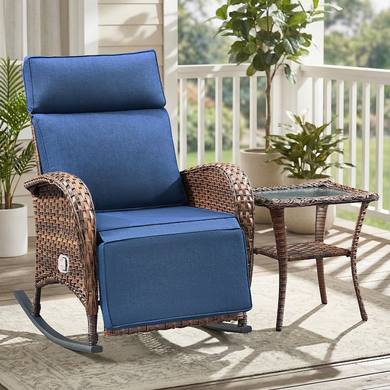 Pocassy Versatile Outdoor Recliner Rocker Chair with Thick Cushion - Brown Wicker with Blue Cushion - 2-Piece Rocker Recliner Chair with Side Table