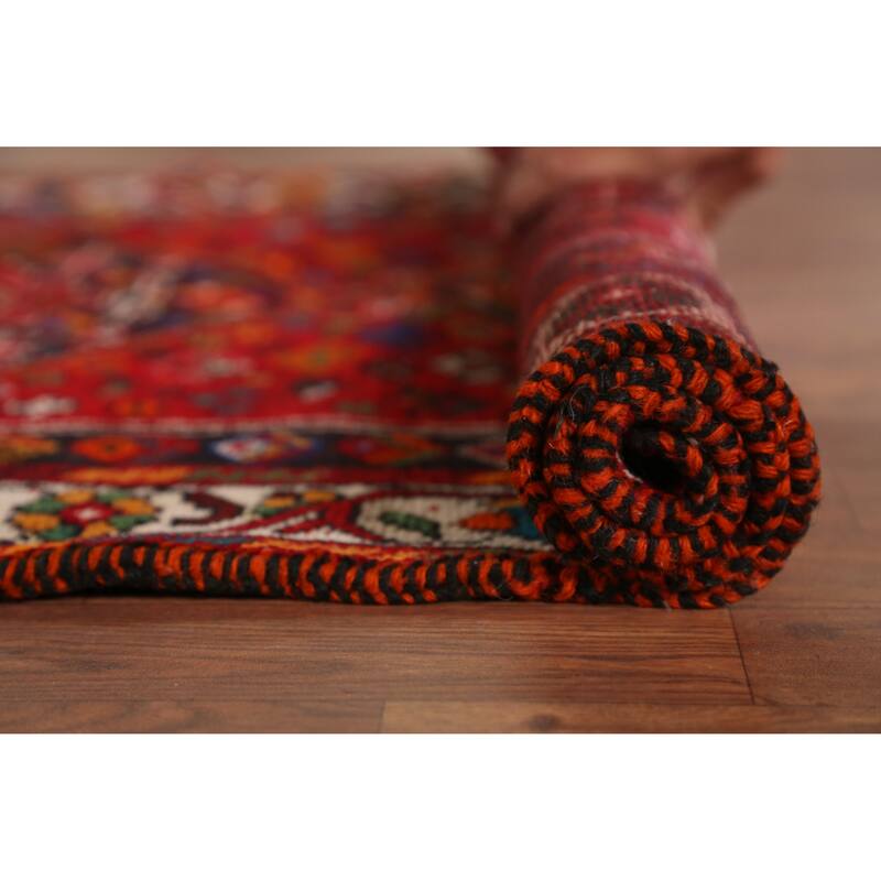 Hand Knotted Oriental 100% Wool Carpet Traditional Tribal Red Shiraz Runner Rug - 10' 8'' X 3' 2''