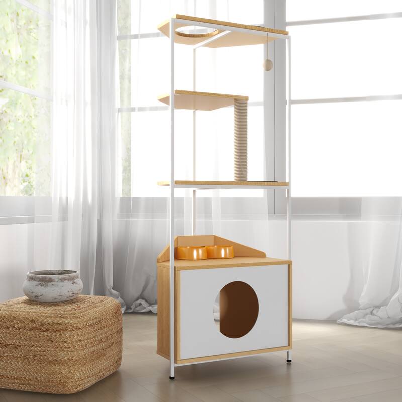 Corner Cat Tower,Cat Tree，Scratching Post,Cat Condo with Feeding Station and Climbing Platforms,Pet Furniture for Indoor Cats