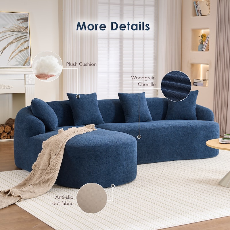 L-Shaped Sectional Sofa with Curved Chaise, Chenille Boneless Cloud Sofa, Modular 4-Seater Sofa with 4 Throw Pillows