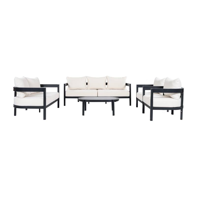 Christopher Knight Home - Modern 5-Piece Outdoor Aluminum Patio Conversation Set with Oval Glass Coffee Table & Cushions