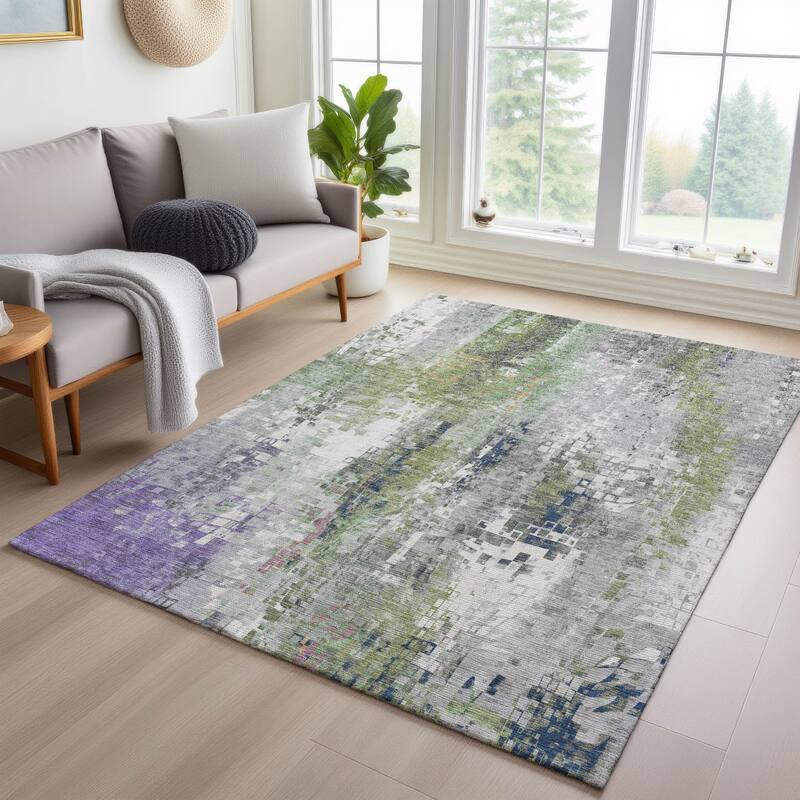 Machine Washable Indoor/ Outdoor Abstract Pixels Chantille Rug