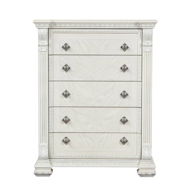 Furniture of America Orla Traditional Solid Pine Wood 5-Drawer Chest with Fluted Posts - Wire Brushed White