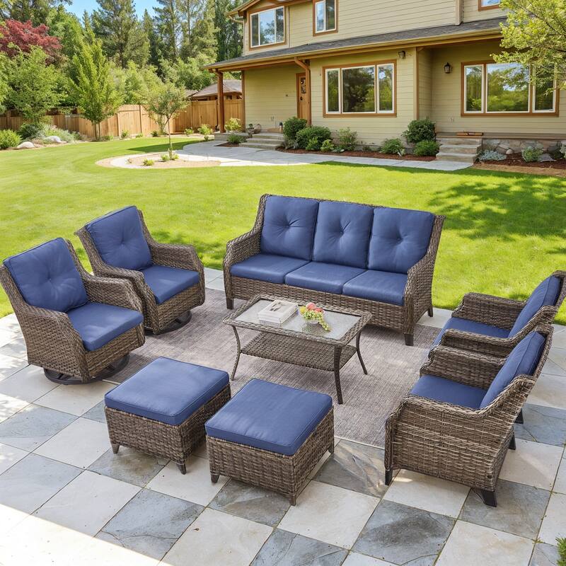 Gymojoy Outdoor Swivel Chairs Patio Sofa with Ottomans set - Grey - Grey - Blue