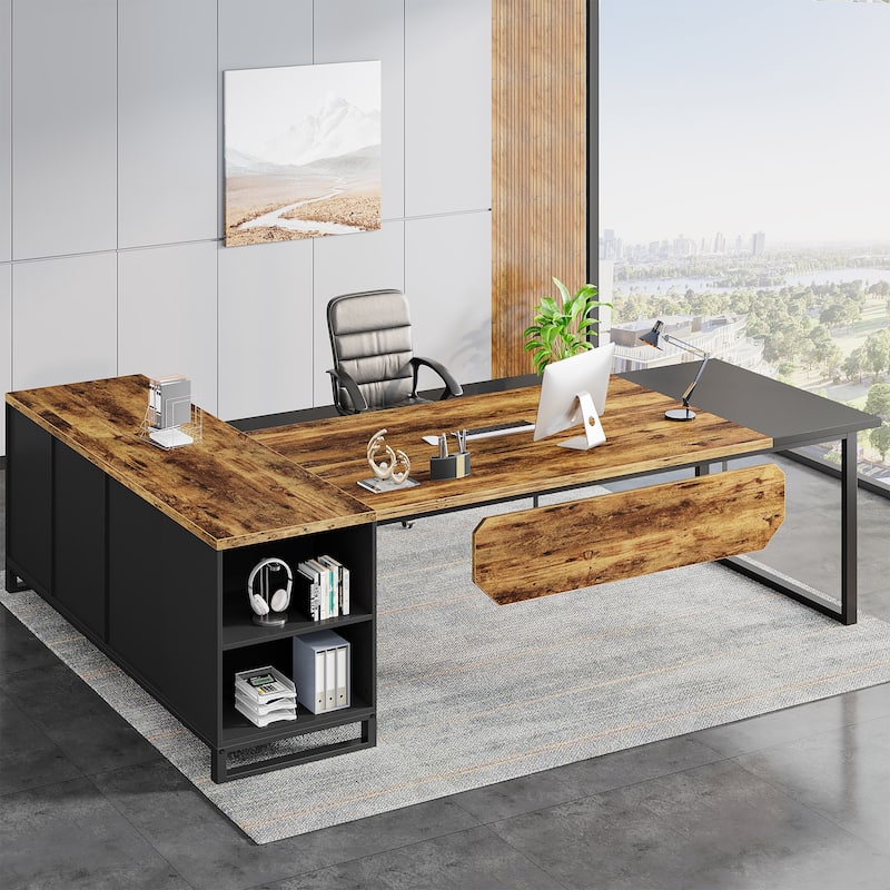 70.8-Inch Executive Desk with 55-Inch File Cabinet, Large L Shaped Computer Desk with Storage Cabinet and Shelves - Rustic Brown & Black