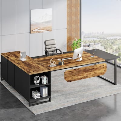 70.8-Inch Executive Desk with 55-Inch File Cabinet, Large L Shaped Computer Desk with Storage Cabinet and Shelves