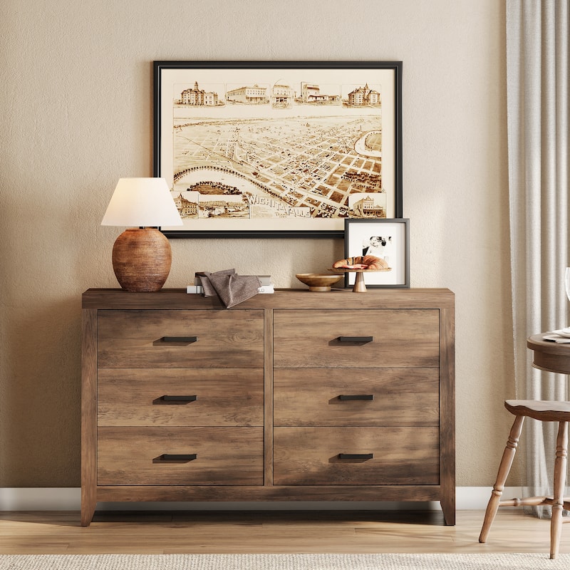 WAMPAT 6-Drawer Farmhouse Dresser - Wood TV Stand, Storage Chest for Bedroom & Hallway