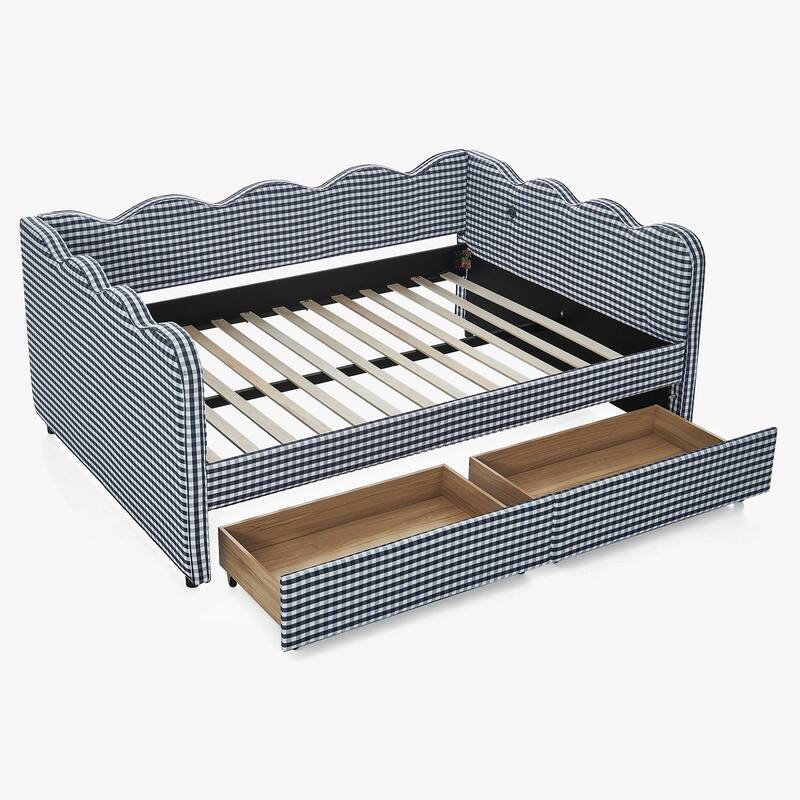 Full/Queen Gingham Daybed with 2 Storage Drawers, USB Port & Wave Shaped Linen Fabric